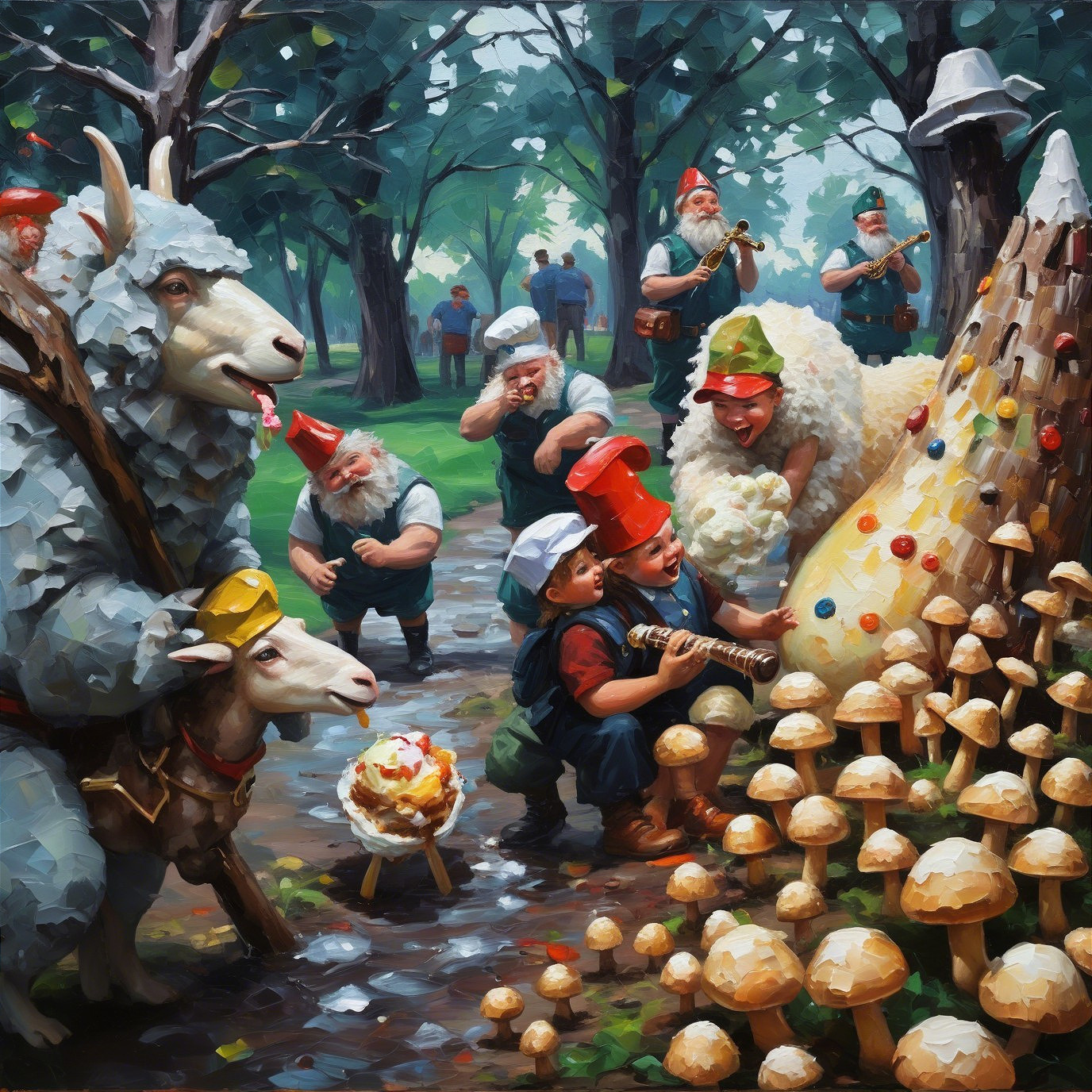 Whimsical Forest Scene with Gnomes and Animals