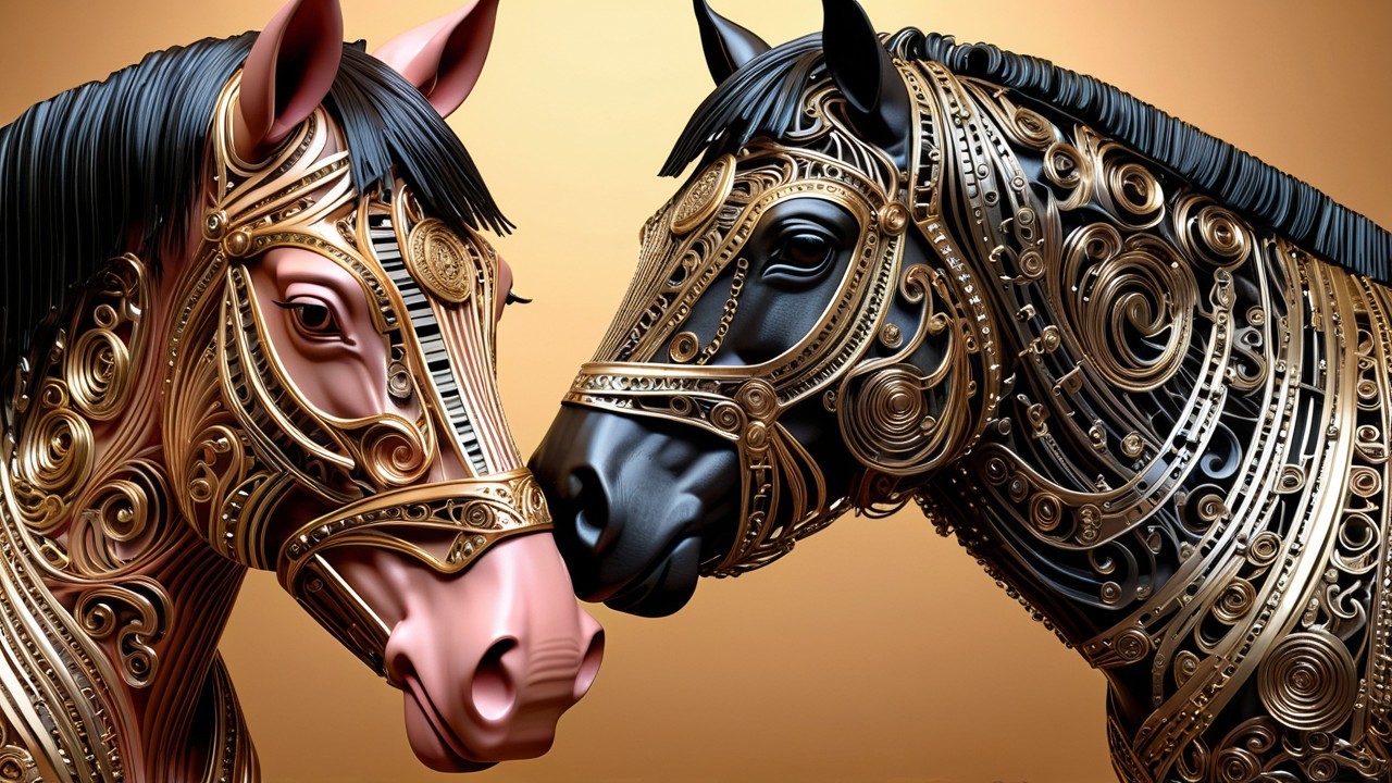 Intricately Detailed Pink and Black Horses with Accessories