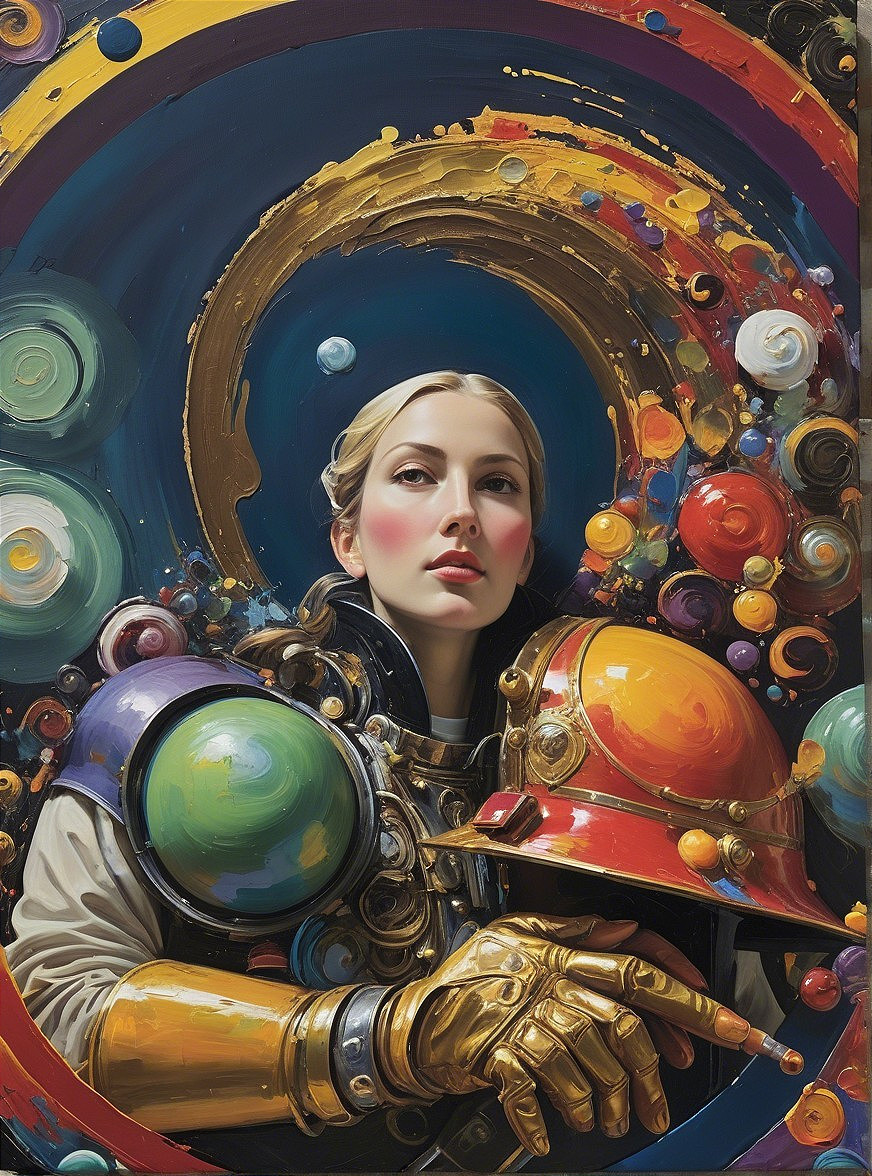 Portrait of a Woman in Colorful Space-Themed Suit
