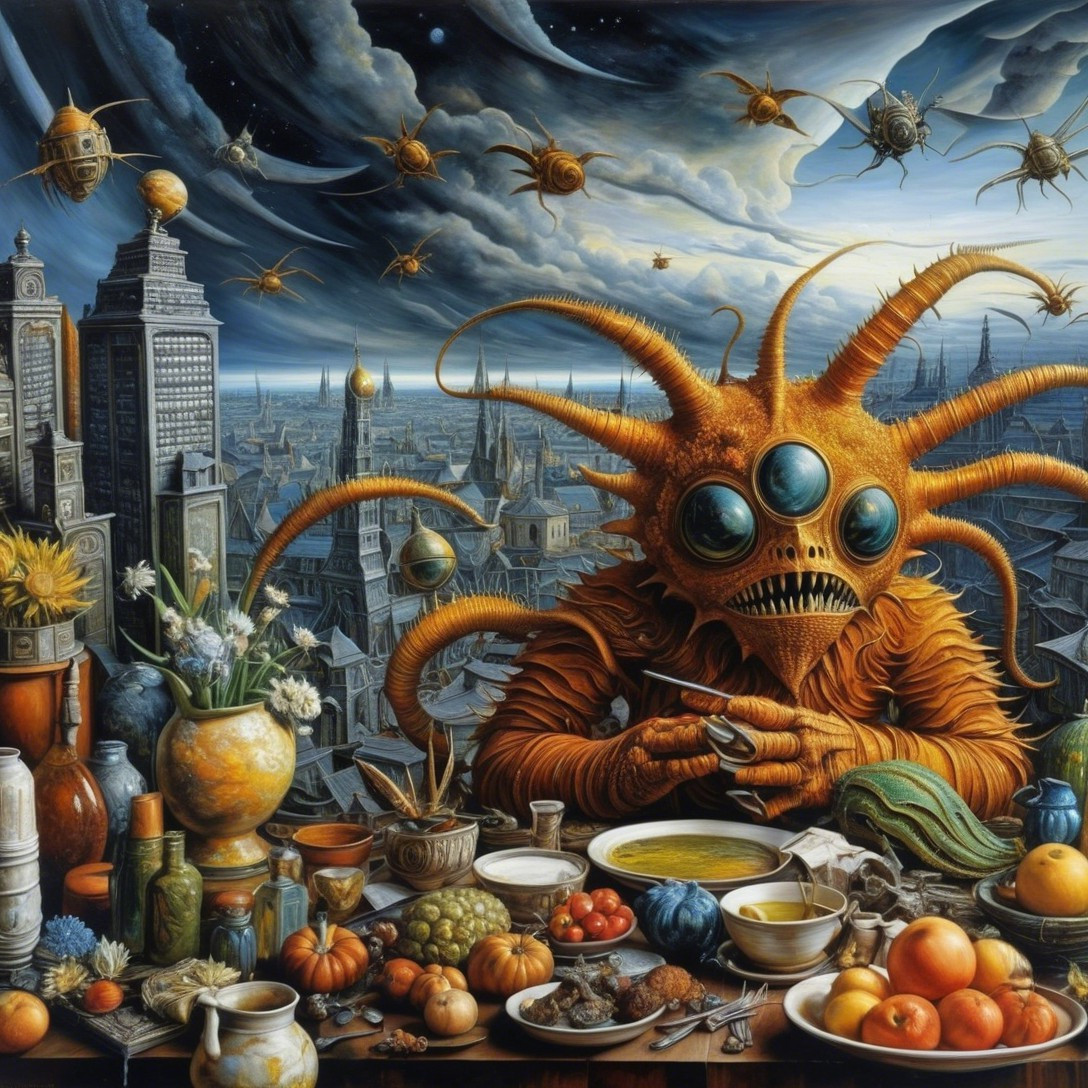Surreal Creature at Lavish Table with Dramatic Cityscape
