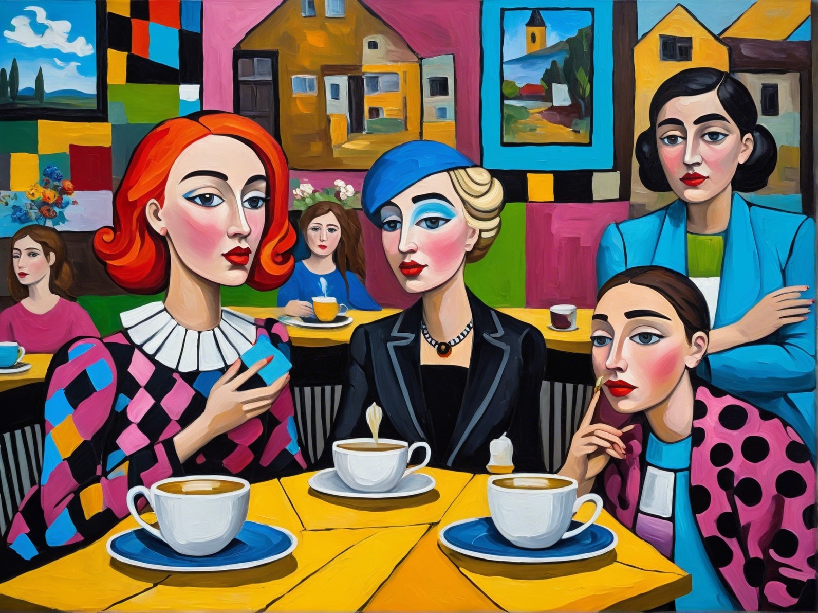 Colorful Café Scene with Five Stylish Women Seated