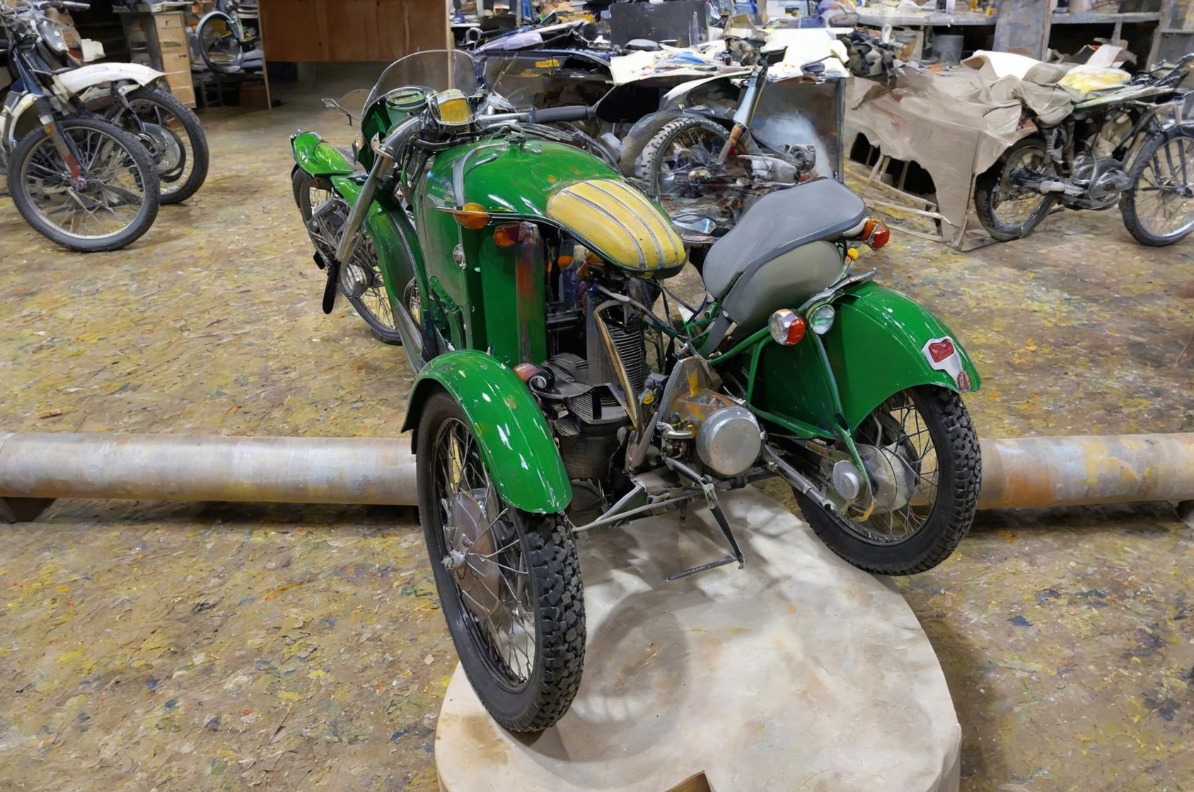 Vintage Green Motorcycle with Sidecar in Workshop