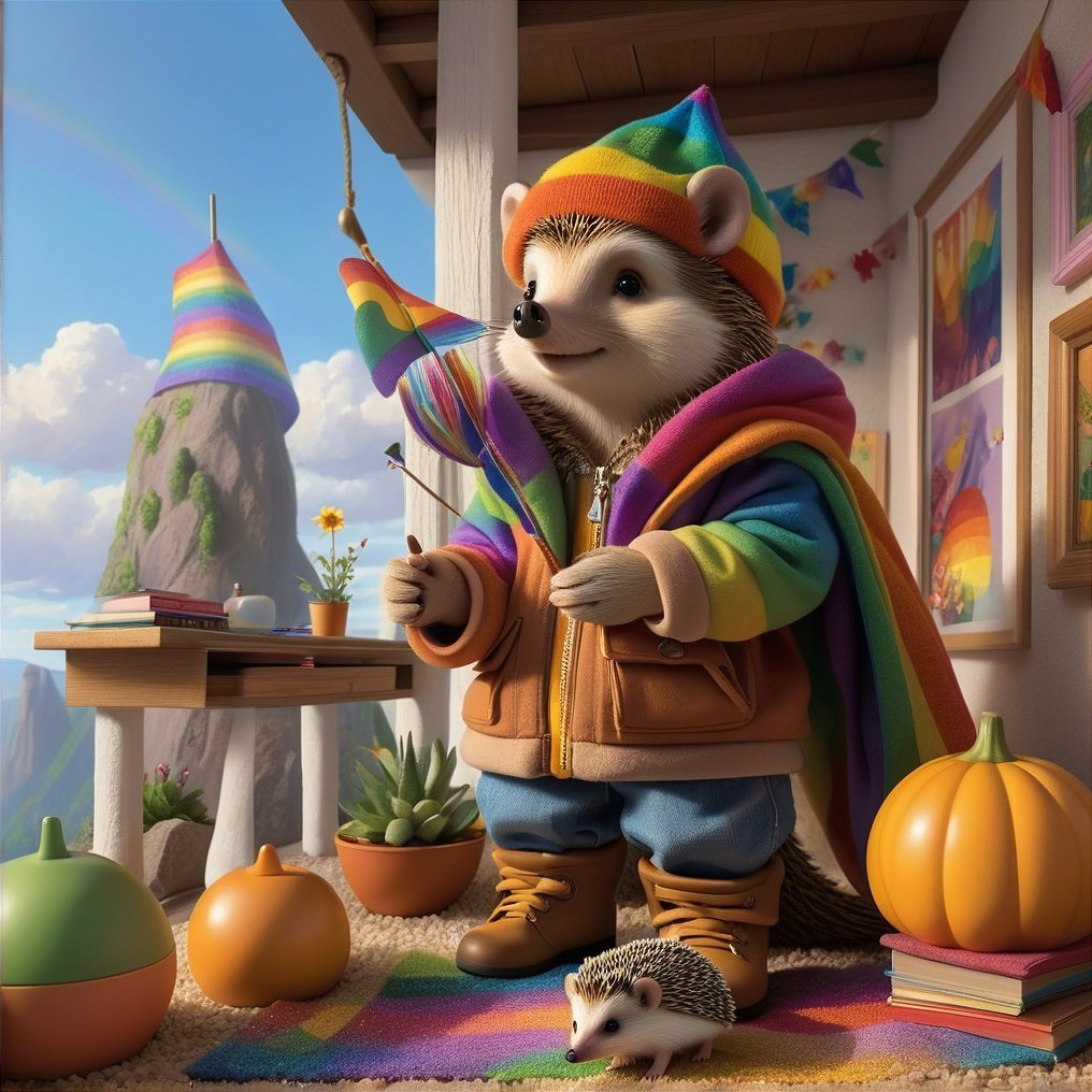 Cheerful Hedgehog in Cozy Rainbow-Themed Room
