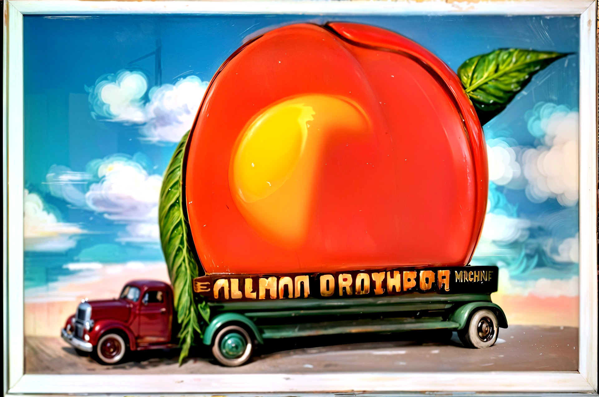 Vintage green truck under vibrant peach roadside attraction