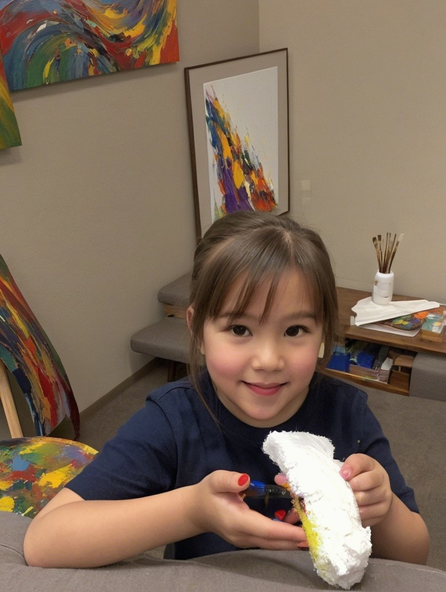 Young girl in decorated room with art supplies
