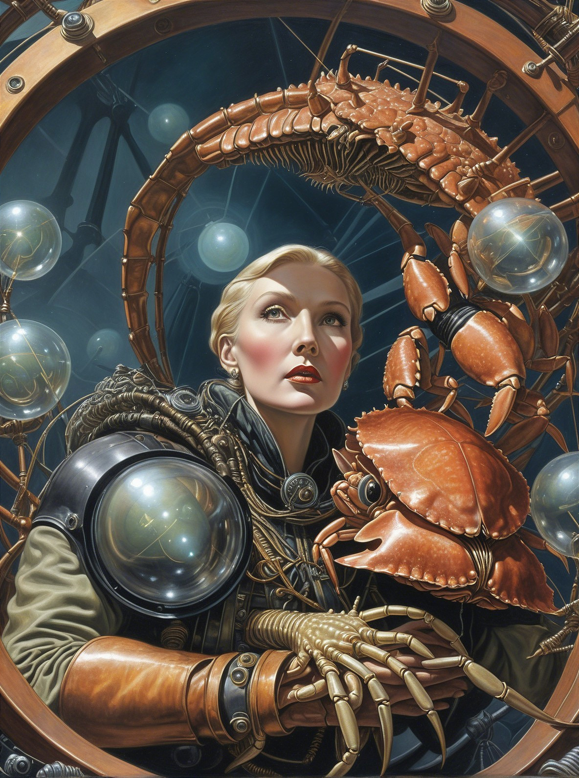 Futuristic Scene of Woman with Mechanical Crab in Space Suit