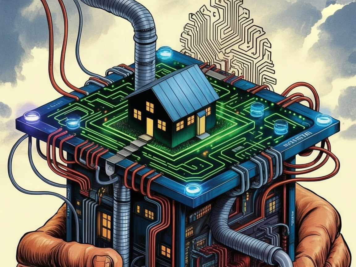 Surreal Illustration of House on Circuit Board with Hand