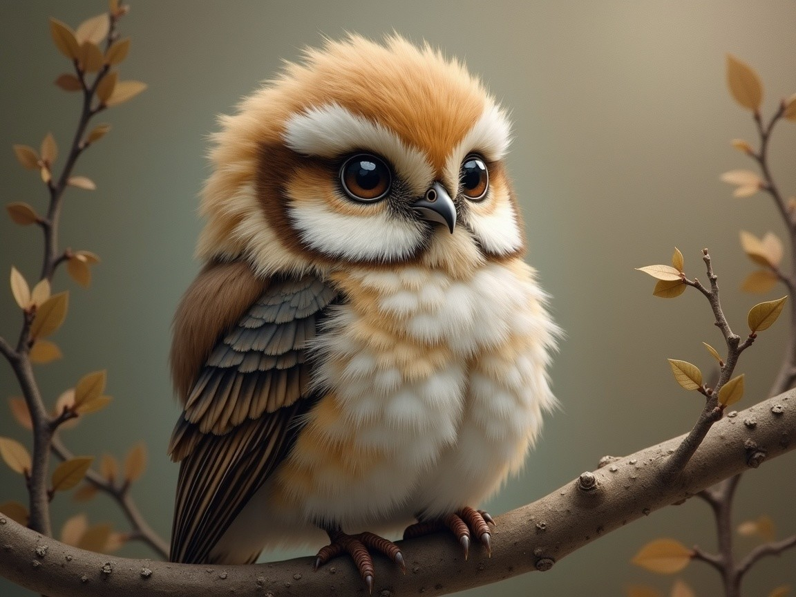 Fluffy Owl on Branch Surrounded by Delicate Leaves