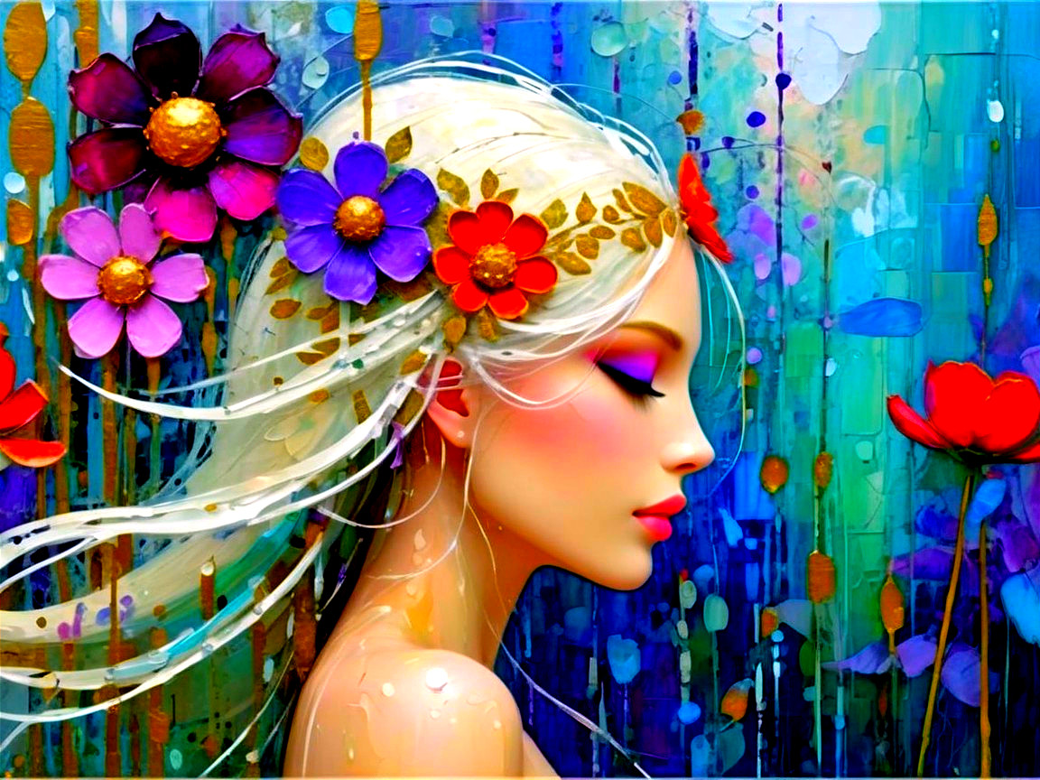 Profile of a Serene Woman with White Hair and Flowers