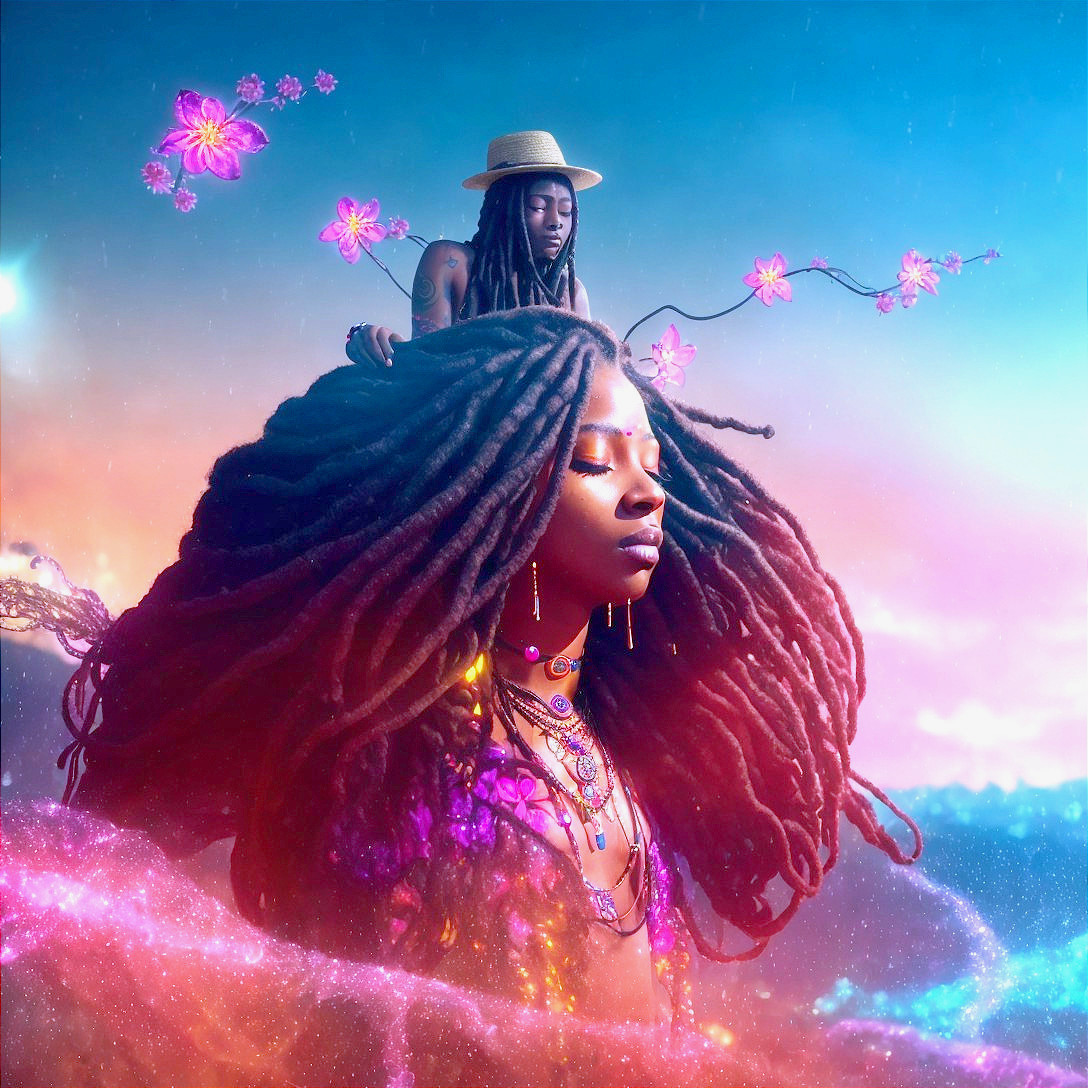 Surreal Scene of Woman with Dreadlocks and Cosmic Background