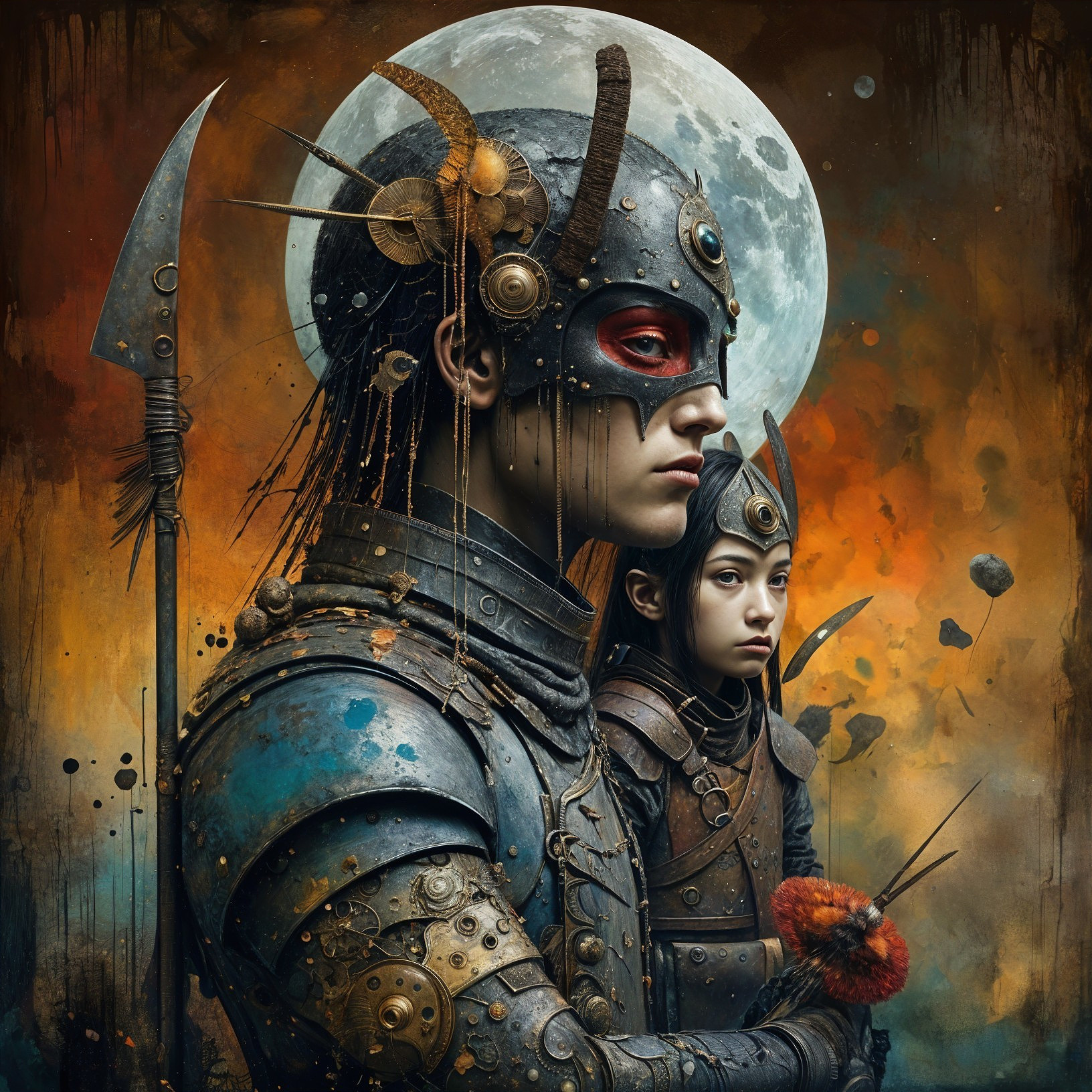 Armored Figures in Surreal Cosmic Landscape