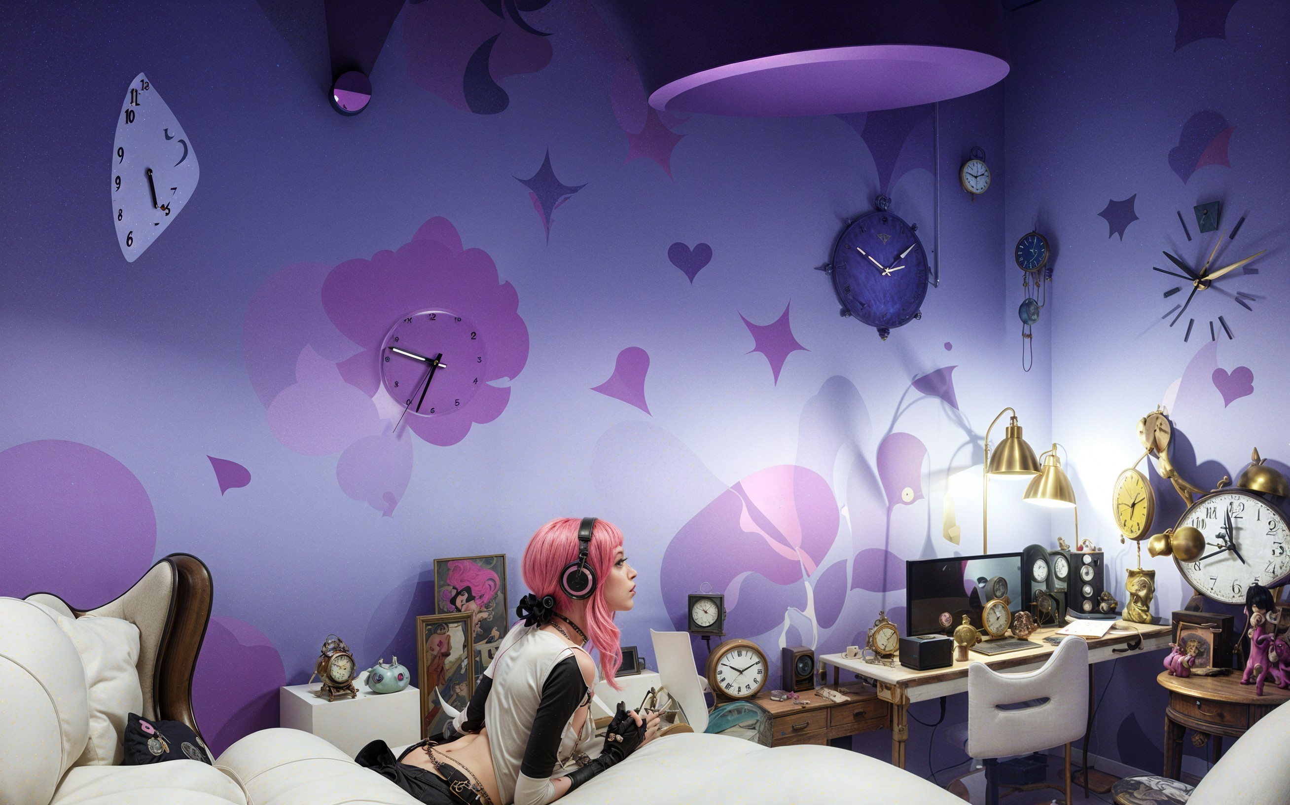 Whimsical Purple Room with Pink-Haired Girl Relaxing