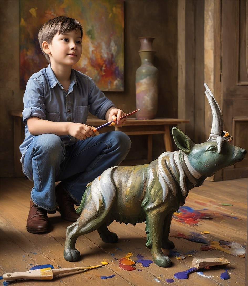 Young boy painting a dog sculpture in artist's studio