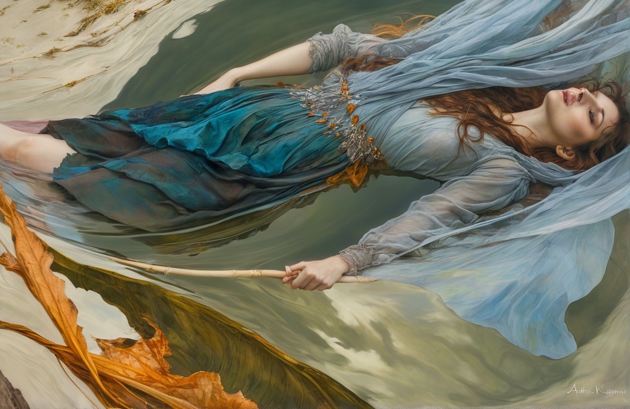 Woman in ethereal gown submerged in tranquil water