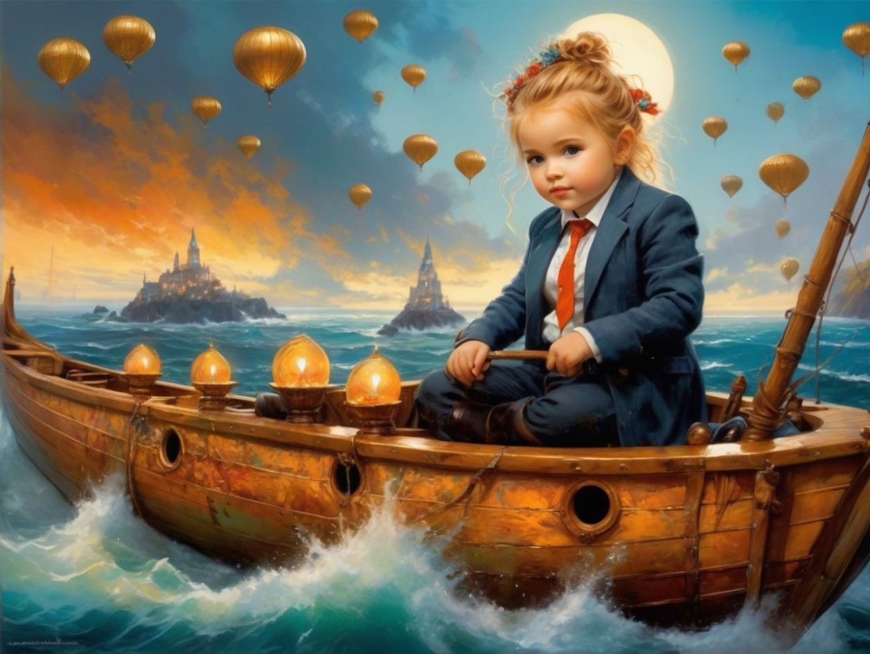 Child in Formal Suit on Boat Amidst Turbulent Sea