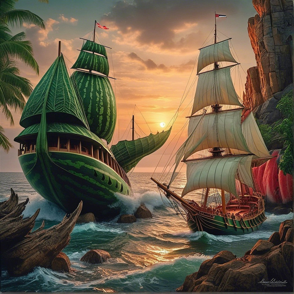 Whimsical Sunset Scene with Two Ships and Coastline