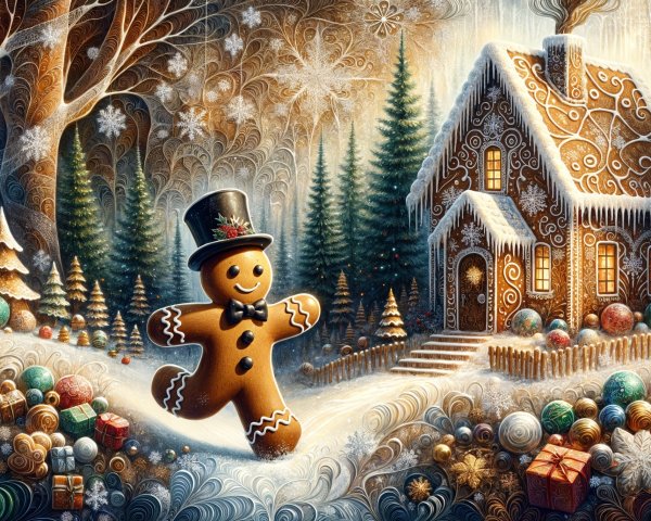 Whimsical Winter Scene with Gingerbread Man and Trees