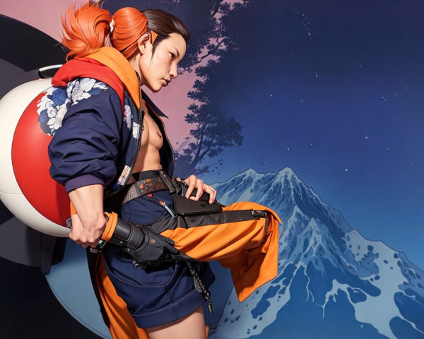 Stylized Character in Colorful Outfit Against Mountains