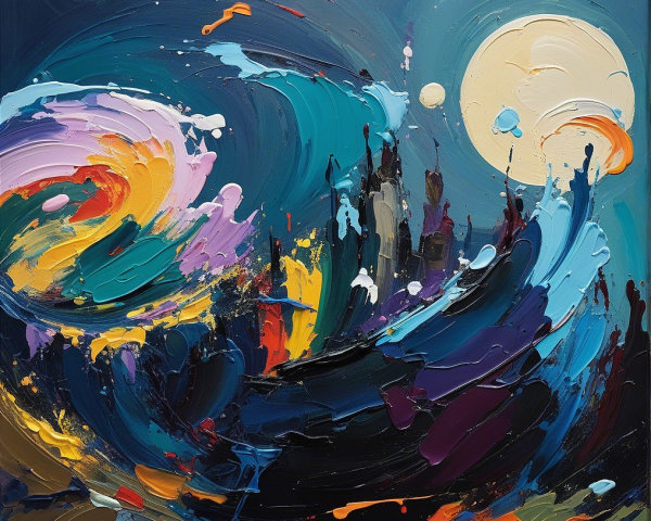 Abstract Painting of Swirling Waves and Celestial Bodies