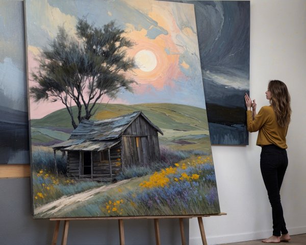 Vibrant Painting of Rustic Cabin and Blooming Flowers