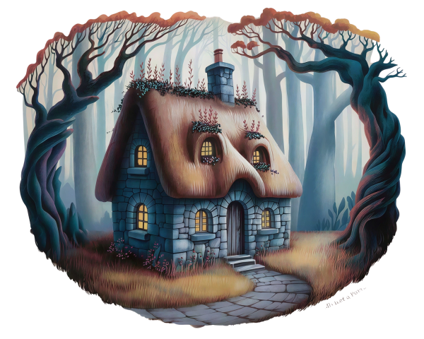 Fairytale Stone Cottage in a Misty Forest Setting