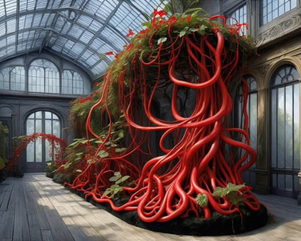 Vibrant Red Tendrils in a Sunlit Greenhouse Setting