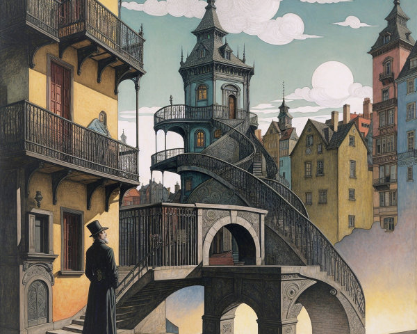 Surreal cityscape with intricate buildings and staircases