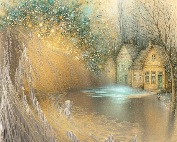 Whimsical Landscape with Reflective Waters and Houses