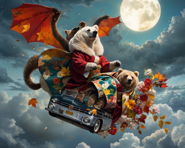 Bears in Colorful Robes Soaring in a Classic Car