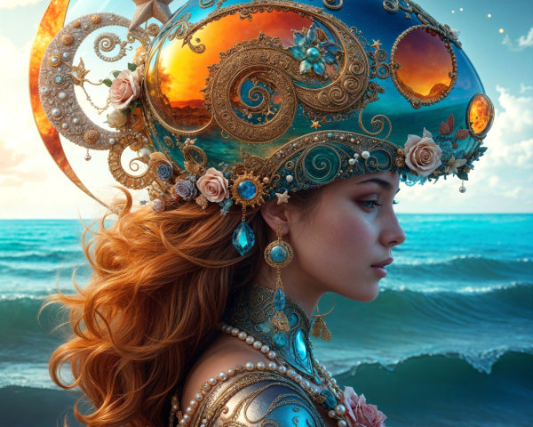 Serene Woman by Ocean with Ornate Headdress