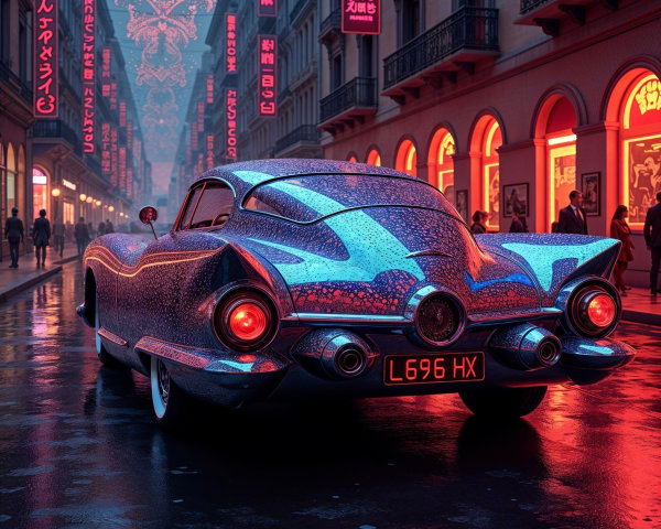 Futuristic city street with neon lights and retro car