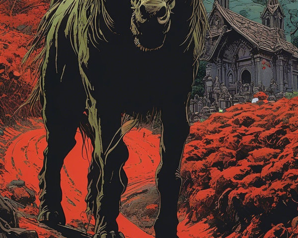 Imposing Horse-like Creature in Vibrant Red Landscape