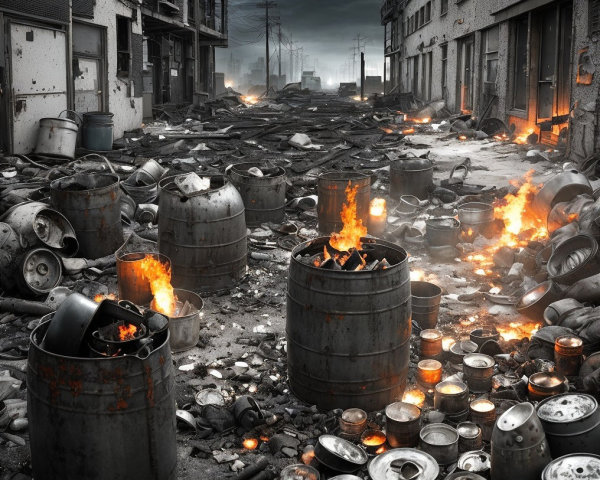 Desolate Urban Landscape with Ruined Buildings and Flames