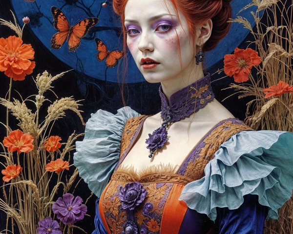 Portrait of a woman in a colorful gown with flowers