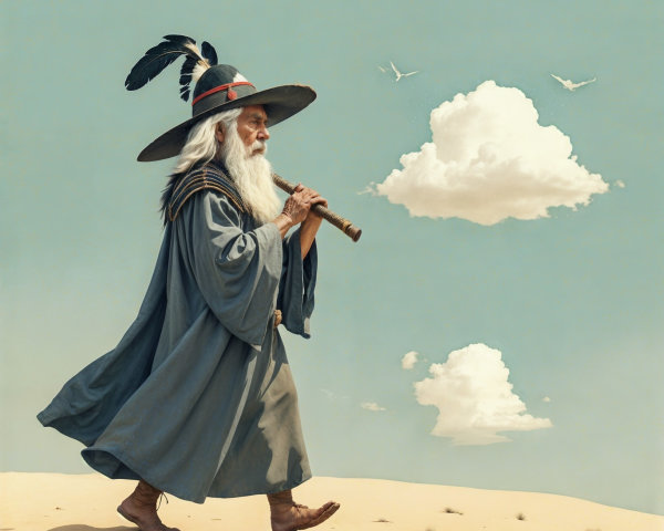 Elderly Figure in Gray Robe Playing Flute in Desert