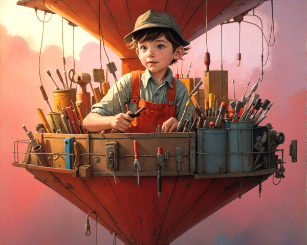 Young Boy in Cap in Floating Workshop with Tools