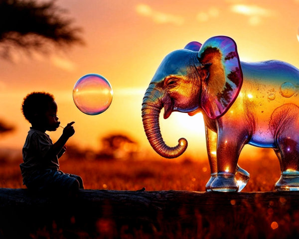 Child on Log at Sunset with Colorful Bubble Elephant