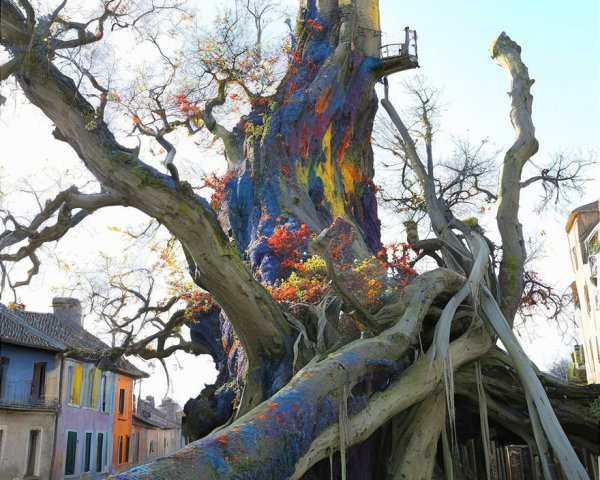 Vibrant tree with colorful bark over quaint village