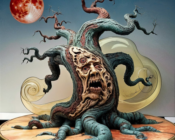 Twisted Tree with Grotesque Face and Red Moon Background