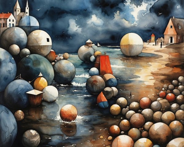Surreal Coastal Scene with Colorful Spheres and Skies