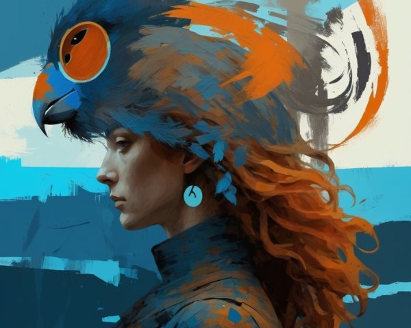 Stylized portrait of a woman with red hair and headdress