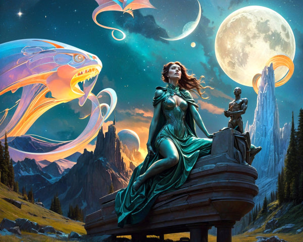 Mystical Scene with Woman in Green Gown and Celestial Elements