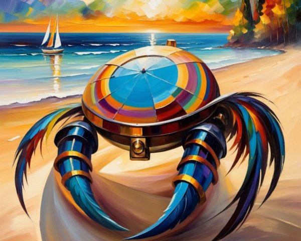 Surreal Painting of a Colorful Crab at Sunset Beach