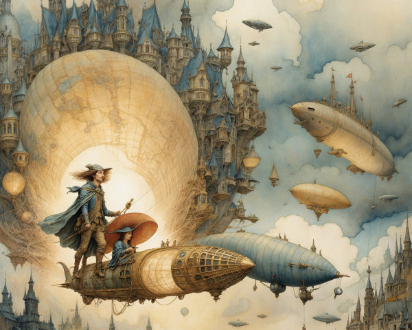 Whimsical Steampunk Airship Scene with Castles and Balloons