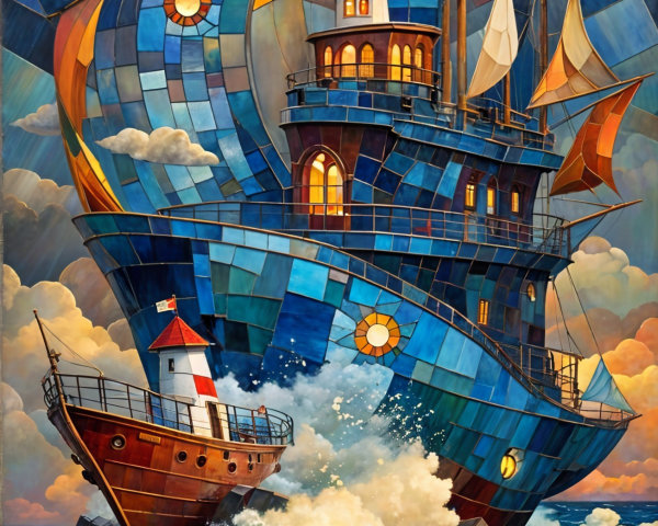 Surreal Ship in Mosaic Patterns Sailing Turbulent Waves