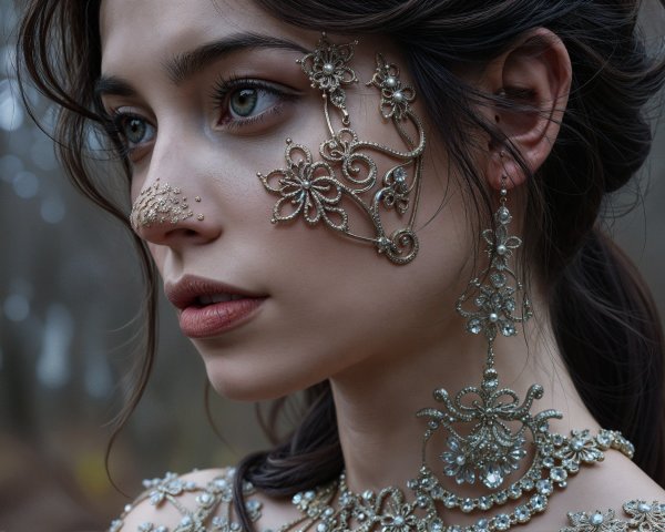 Close-Up Portrait of a Woman with Golden Embellishments