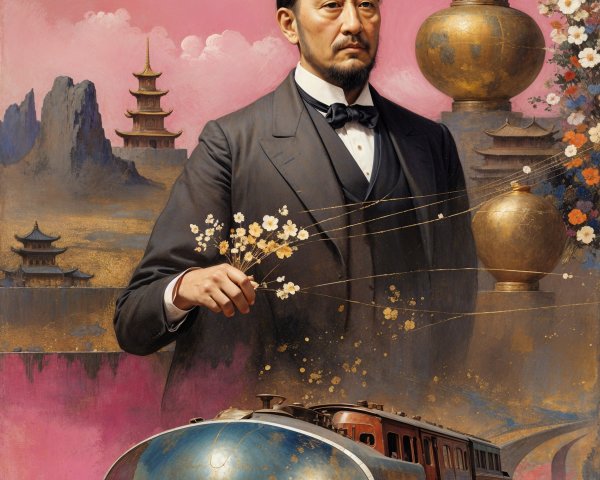 Man in Formal Attire with Flowers Against Pink Sky