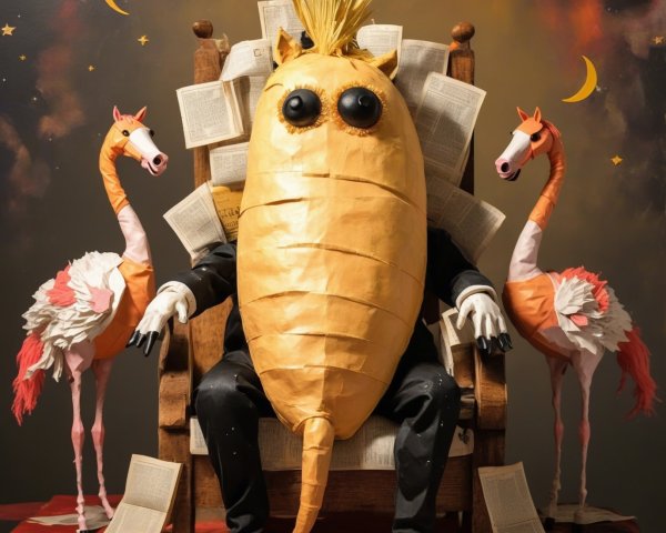 Surreal Artwork of a Creature on a Wooden Throne