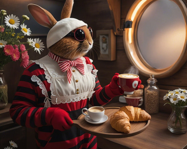 Whimsical Rabbit in Chef Outfit in Cozy Kitchen Scene