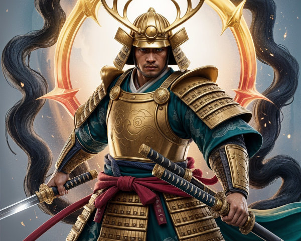 Fierce Samurai in Ornate Armor with Dual Swords